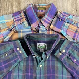 Lot of 2 VTG Siegfried / Boston Trader Button Shirt Men's L Single Needle Madras